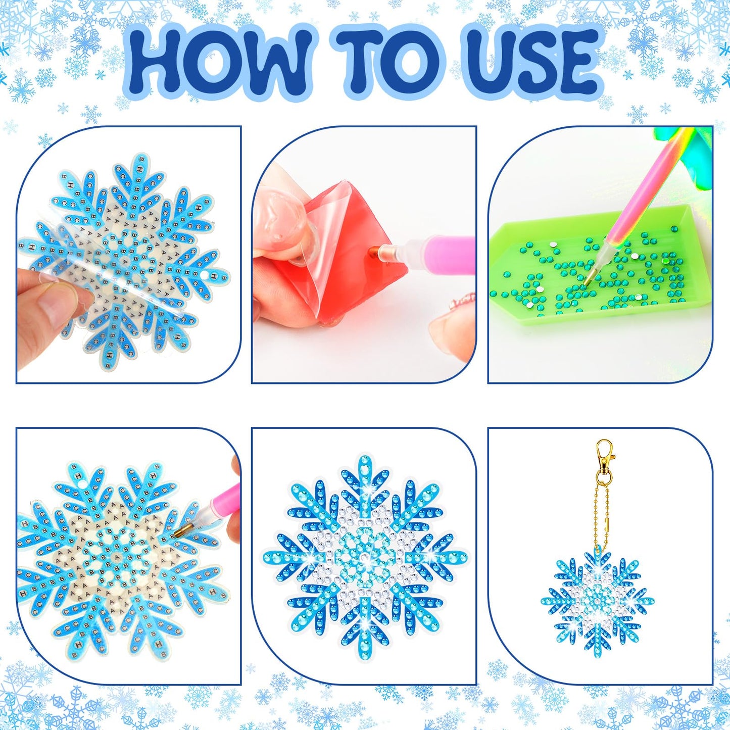 BBTO 15 Pieces Winter Diamond Painting Keychain Snowflake Diamond Painting Ornaments 5D DIY Diamond Painting Keychain Christmas Diamond Art Ornaments for Kids Christmas DIY Crafts Family Decor