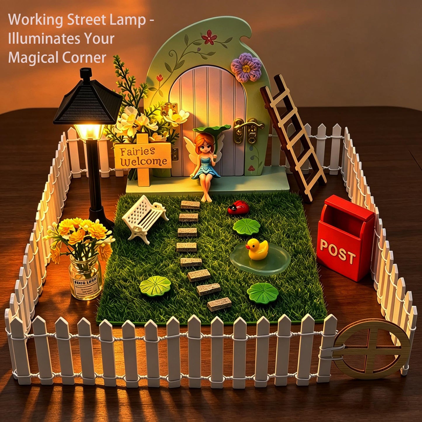Fairy Door Kit that Opens with Mystery Fairy Figurine and Light-up Street Lamp for Desktop Garden, Opening Wooden Tooth Fairy Door for Wall Miniature Fairy Garden Set 29 Pcs