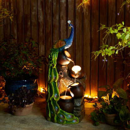 Glitzhome Oversized 4-Tiered Peacock and Jars Polyresin Outdoor Floor Fountain with Pump and LED Light, 40" H
