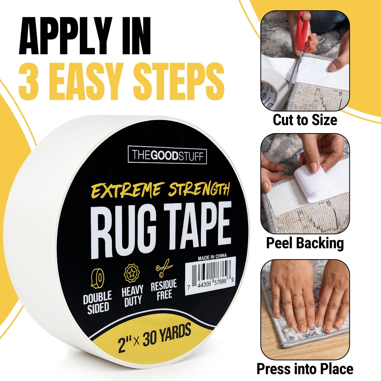 Double Sided Rug Tape [2 Inch x 30 yd] Carpet Tape for Securing Area Rugs to Carpets, Laminate, and Hardwood Floors, Easy to Remove and Restick Without Residue or Damage to Rug or Floor