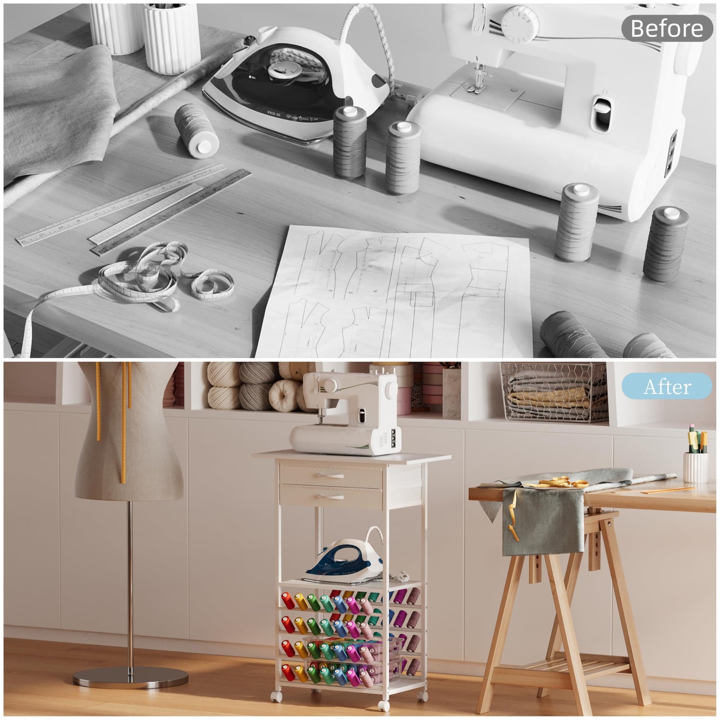 NinPeen Rolling Sewing Machine Table with 2 Fabric Drawers，Craft Table on Wheel with Spools Thread Holder，Portable Sewing Cabinet for Embroidery Machine with 3 Open Shelves for Small Spaces (White)