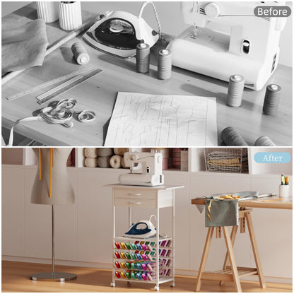 NinPeen Rolling Sewing Machine Table with 2 Fabric Drawers，Craft Table on Wheel with Spools Thread Holder，Portable Sewing Cabinet for Embroidery Machine with 3 Open Shelves for Small Spaces (White)