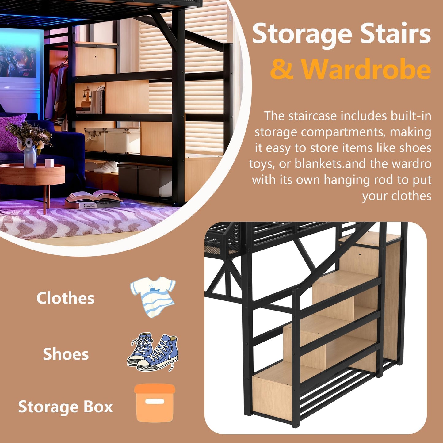 Bellemave Queen Metal Loft Bed with Storage Stairs, Shelves & Wardrobe, Queen Size Loft Bed Frame with LED Lights & USB Ports for Kids Teens, Noise-Reduced Design, Natural Wood