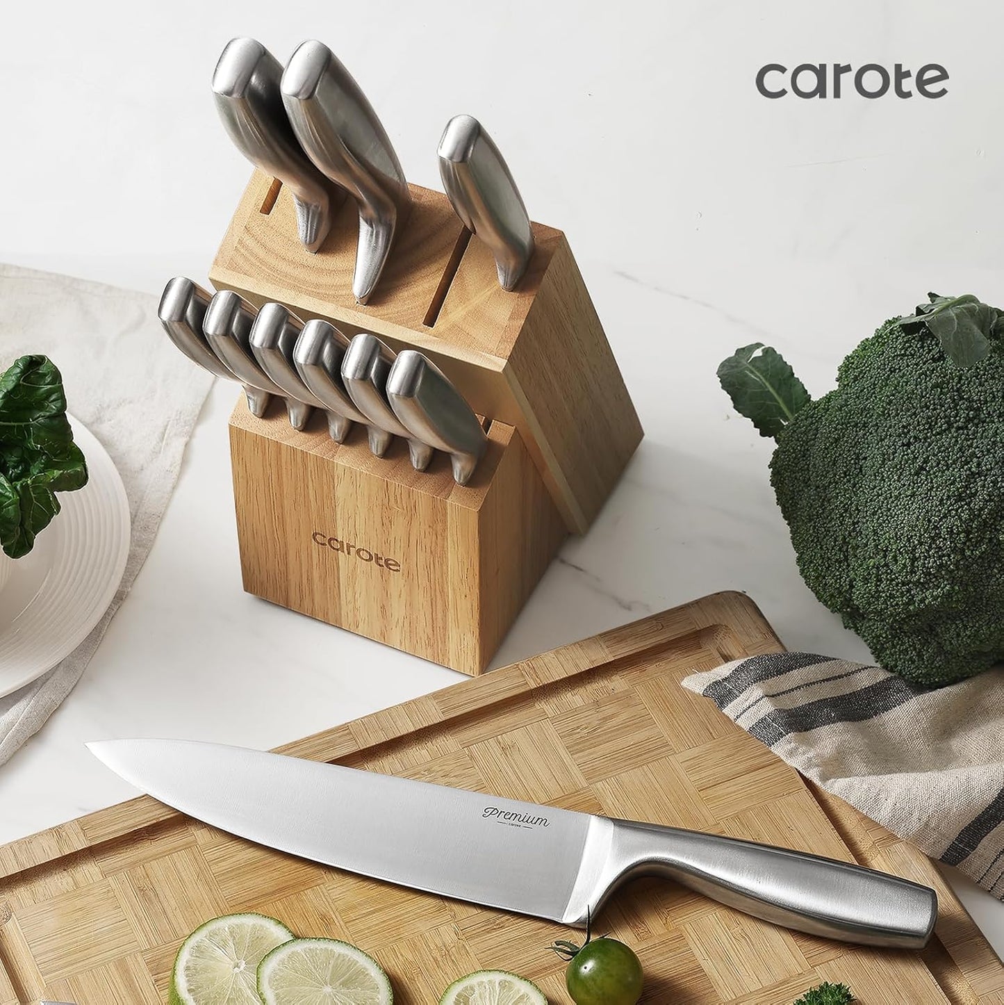 12-Piece Set, Set, CAROTE Knife All-Stainless Steel Knife Block Kitchen Knives with Wooden Block, Razor-Sharp