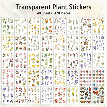PRSTINCOL Flower Sticker Book, 40 Sheets 470pcs Floral Botanical Themed Journaling Supplies for Scrapbooking Supplies Aesthetic Junk Journal Craft DIY Craft Card Making Laptop