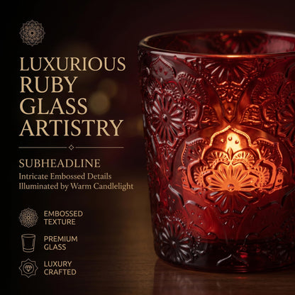 6 Pack Mandala Embossed Glass Candle Holders – Votive Tealight Holders with Patent Design, Decorative Embossed Glass Cups for Wedding Centerpieces, Parties, and Home Décor (Wildberry Red)