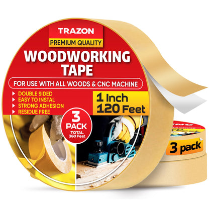 Trazon Double Sided Woodworking Tape Super Strong, 3 Pack, 1 Inch x 120 Feet, Wood Crafter Sticky Tool, Two Side Adhesive for Router Templates and CNC Machine, Removable & Residue Free