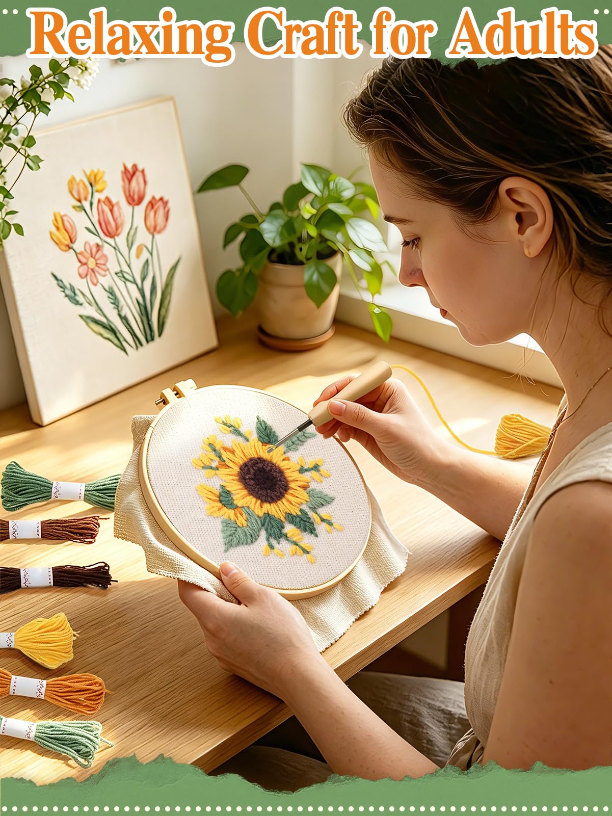 Punch Needle Kit Adults Beginner - Includes Hoop/Needle/Yarns/Punch Needle Fabric with Pattern, Embroidery Craft Gifts for Women Mother, Cute Sunflower