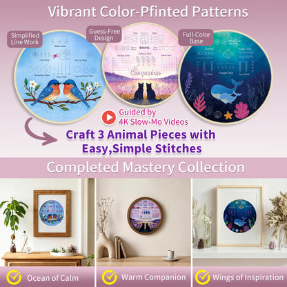 ETSPIL Beginner Embroidery Kit for Adults, 3-Pack Full-Color Stamped Animal Designs, Companionship Theme, Master 19 Stitches with 4K Step-by-Step Videos & Needle Minder, Easy Craft Gift for Teens