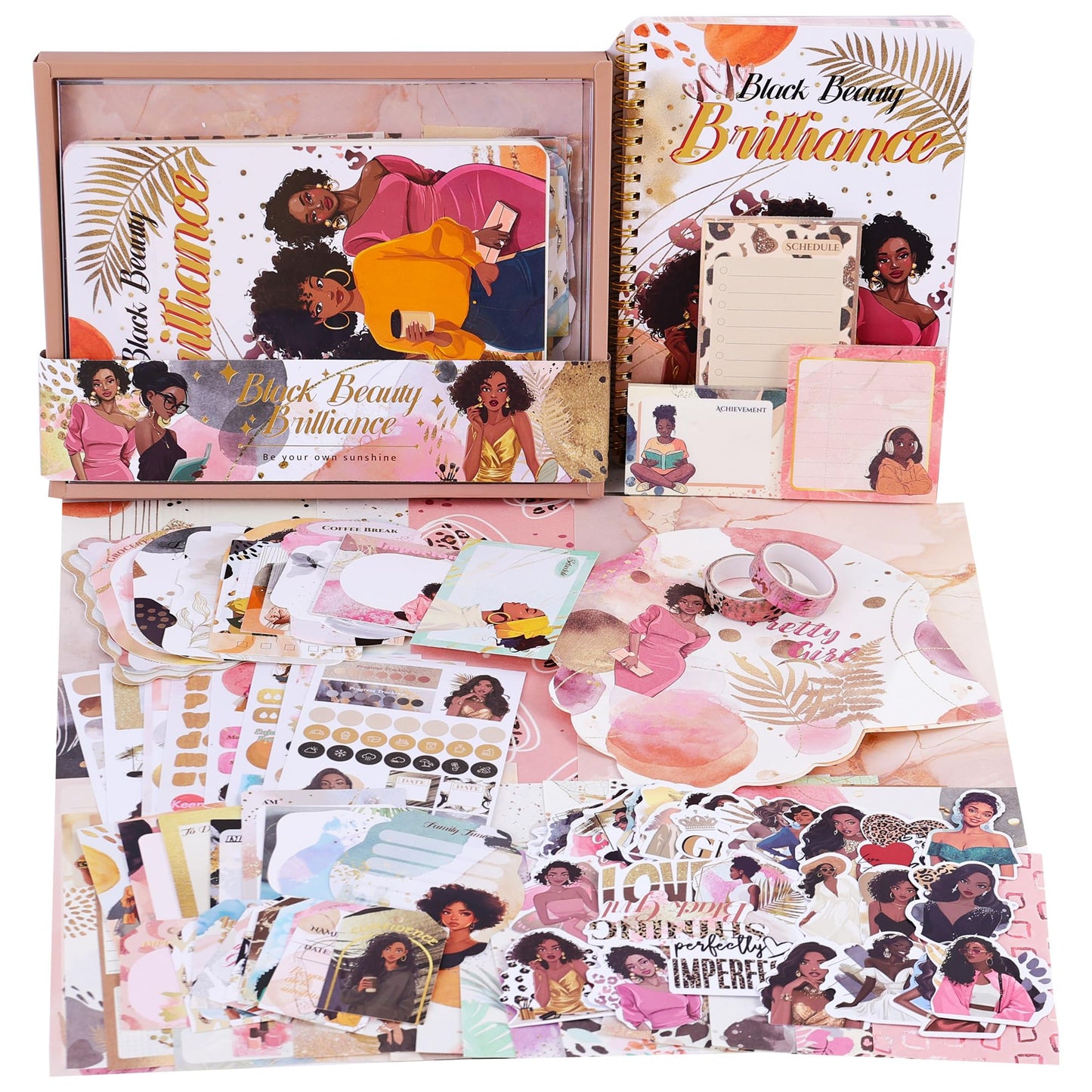 Black Girl Weekly Planner Gift Set - 52 Weeks Undated Planner with 190+ Stickers, Washi Tape, Journal Supplies & Accessories for Teen Girls - Inspirational Productivity Organization Kit, Present Box