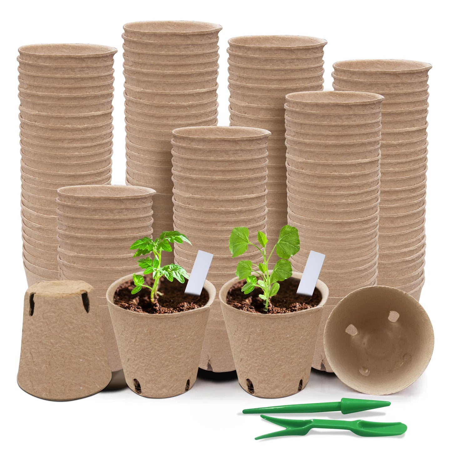 Baxrou 120 Pack 3.15 Inch Peat Pots Plant Starters for Seedling, Herb Seed Starter Pots Kits, Garden Germination Nursery Pot wit 30 Plant Labels, 2 Transplant Tools.
