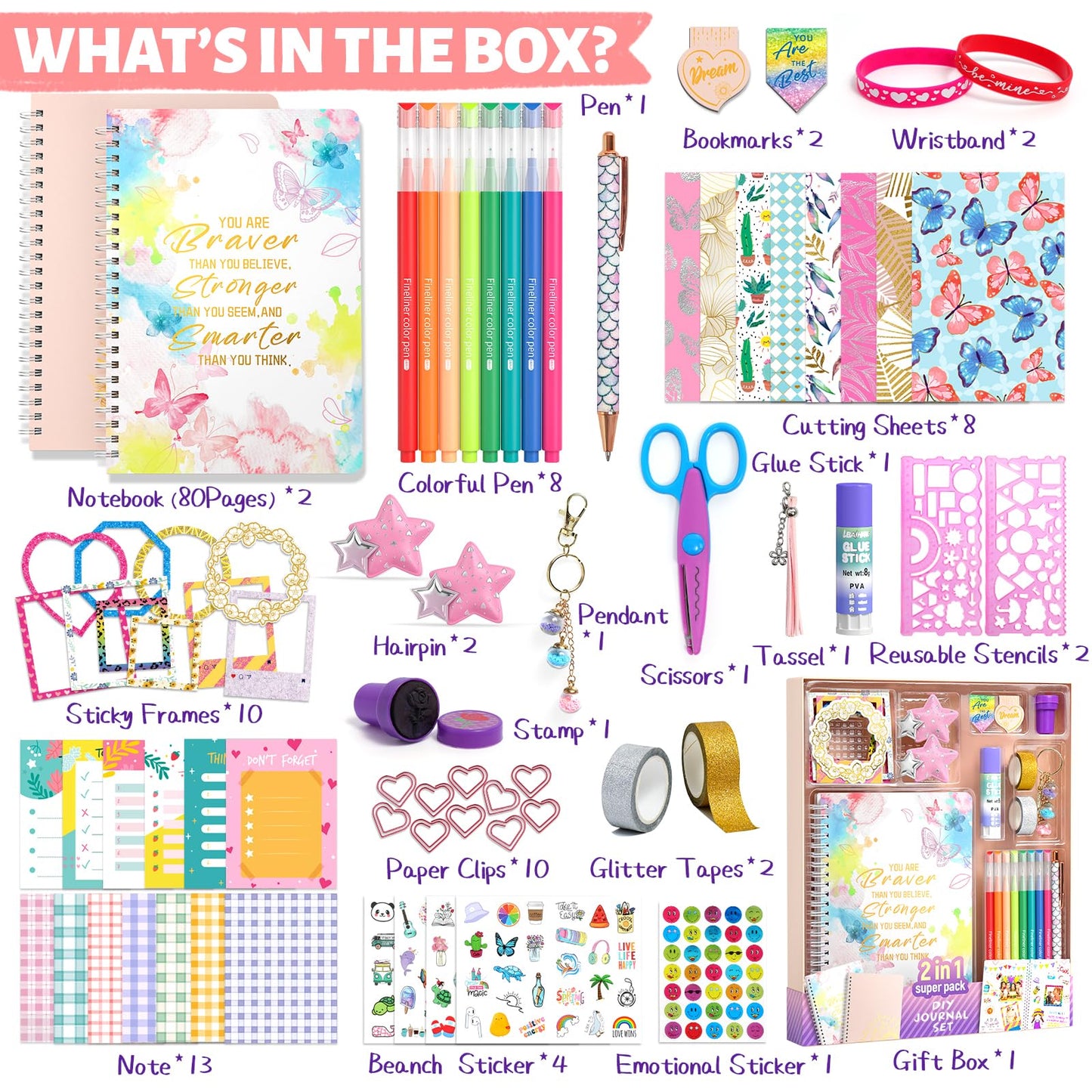 ADUSRIZ 2-Pack DIY Journal Kit for Girls Ages 8-14 Year Old, Birthday Christmas Gifts for Teen Girls, 70+ Pcs Art & Crafts, Scrapbook & Diary Supplies Toy Set Trendy Stuff for Kids