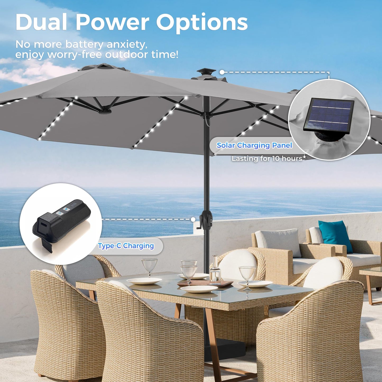 SUPERJARE 15ft Large Patio Umbrella with Base included, Double Sided Outdoor Umbrella with Solar Lights, Pool Umbrella with Fade Resistant Canopy for Deck, Porch, Yard, Balcony, Grey