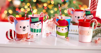 American Greetings Reusable Plastic Cups - 16 oz. Holiday Design with Santa & Snowman | 8-Count Set
