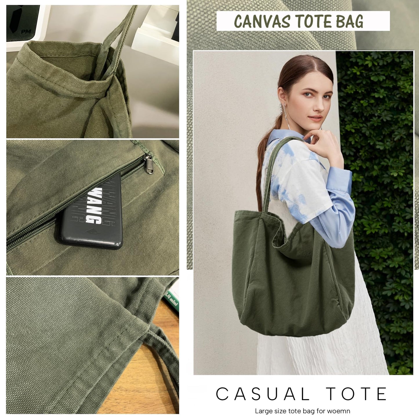 YAVCOOL Canvas Tote Bag for Women Large Hobo Shoulder Bag for Work Travel Casual Message Bag Tote Purse handbags