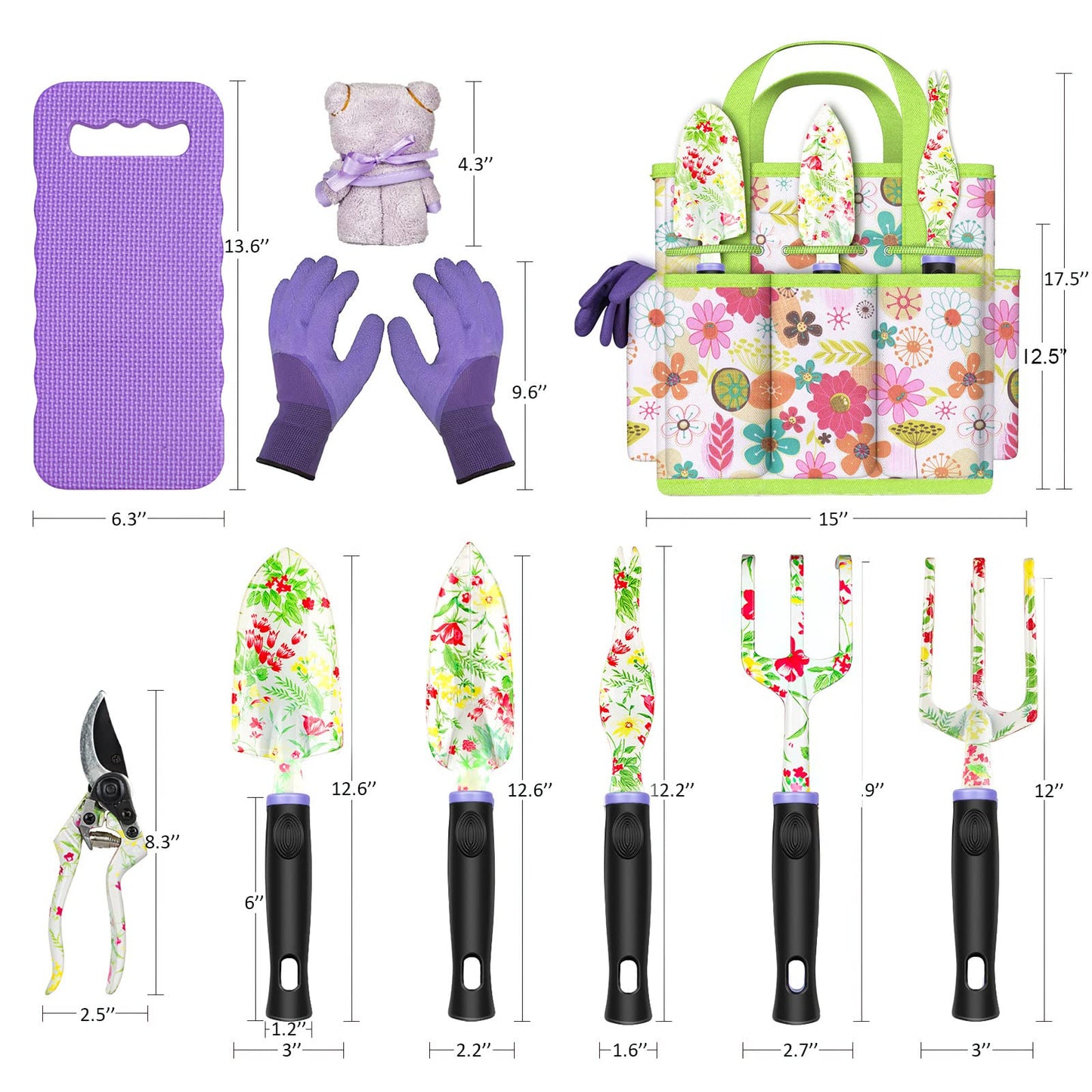 JUMPHIGH Gardening Tool Set, 10 PCS Heavy Duty Aluminum Garden Kit Floral Gardening Gifts for Women, Garden Hand Tools with Non-Slip Rubber Handle, Kneeling Pad, Garden Gloves and Storage Tote Bag