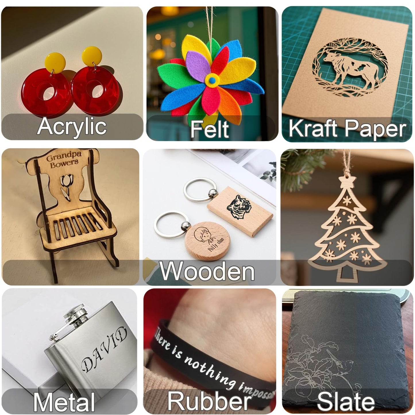 216Pcs Laser Engraving Material Kit, 27 Kinds Blanks for DIY Crafts Includes Wood, Acrylic, Metal, Fabric, Rock, PU Leather,Diatom Mud Blanks Material