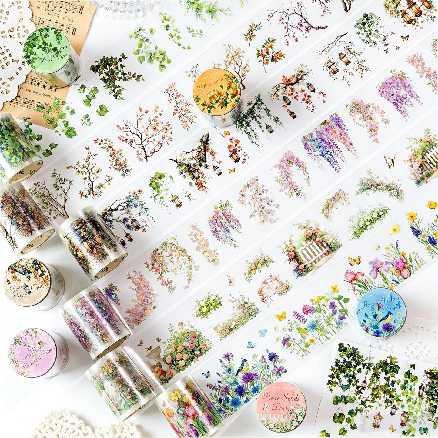 Suntova 6PCS Floral Washi Tape Stickers PET Tape Stickers for Journaling Botanical Flower Decorative Tapes for Crafts Scrapbooking Junk Journal Supplies Bullet Journaling (Flower 1)