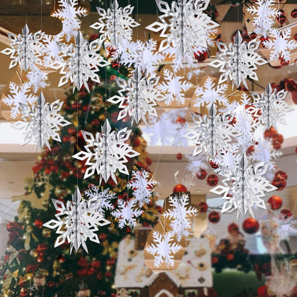 OuMuaMua Winter Christmas Hanging Decorations - 12PCS 3D Large Silver Snowflakes & 12PCS White Paper Snowflakes Garland