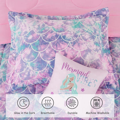 Wink Deer Twin Comforter Set for Girls-3 Pieces Mermaid Glow in the Dark Twin Bedding Sets for Kids,1 Comforter,1 Sham and 1 Decor Pillow