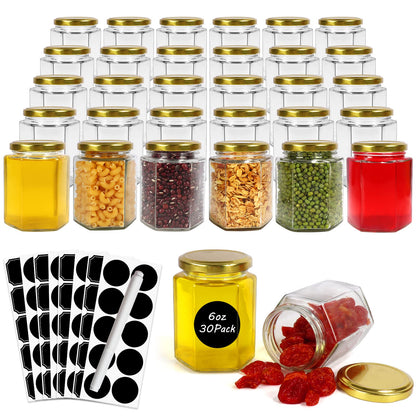 Betrome 30 Pack 6oz Hexagon Glass Jars with Gold Lids, 180ml Clear Glass Canning Jars Honey Jars Spice Jars Mason Jars for Jams, Shower Favors, Wedding Favors, Craft, 1 Pen and Labels Included