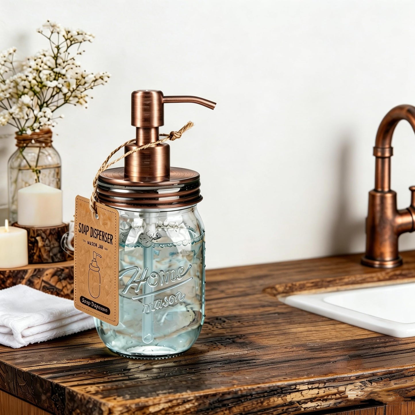 Amolliar Mason Jar Liquid Soap Dispenser, 16OZ Glass Countertop Lotion Dispenser Bottle, Farmhouse Decor for Kitchen, Bathroom, Refillable Dispenser for Hand Soap, Dish Soap, Lotion Soap, Copper 2Pack