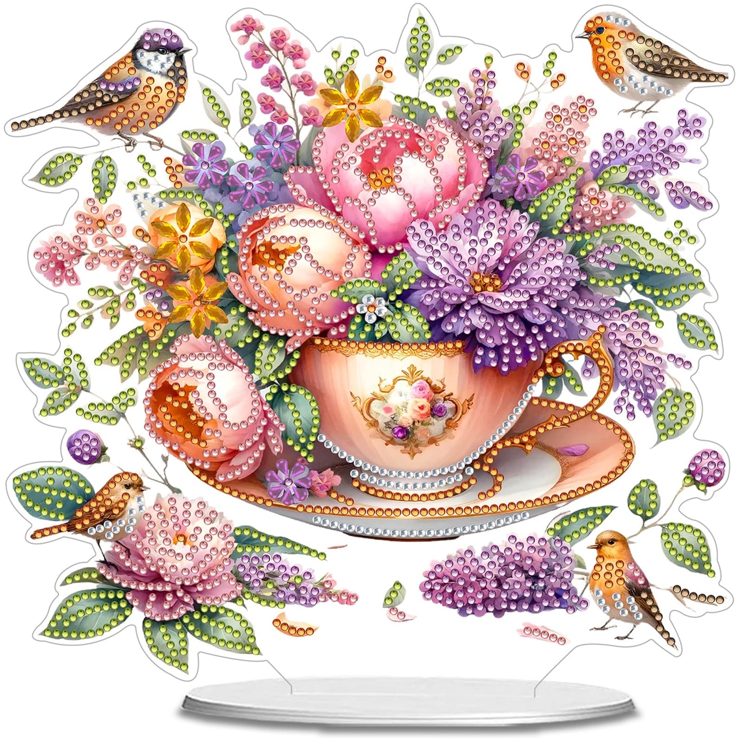 C'eitura 2D Flat Acrylic Diamond Art Painting Kit, Flower in Cup Special Shaped Diamond Art for Desk Decor, DIY Desktop Ornament for Adults & Beginners, Cute Home Office Decoration 24x22cm