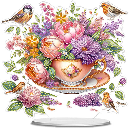 C'eitura 2D Flat Acrylic Diamond Art Painting Kit, Flower in Cup Special Shaped Diamond Art for Desk Decor, DIY Desktop Ornament for Adults & Beginners, Cute Home Office Decoration 24x22cm
