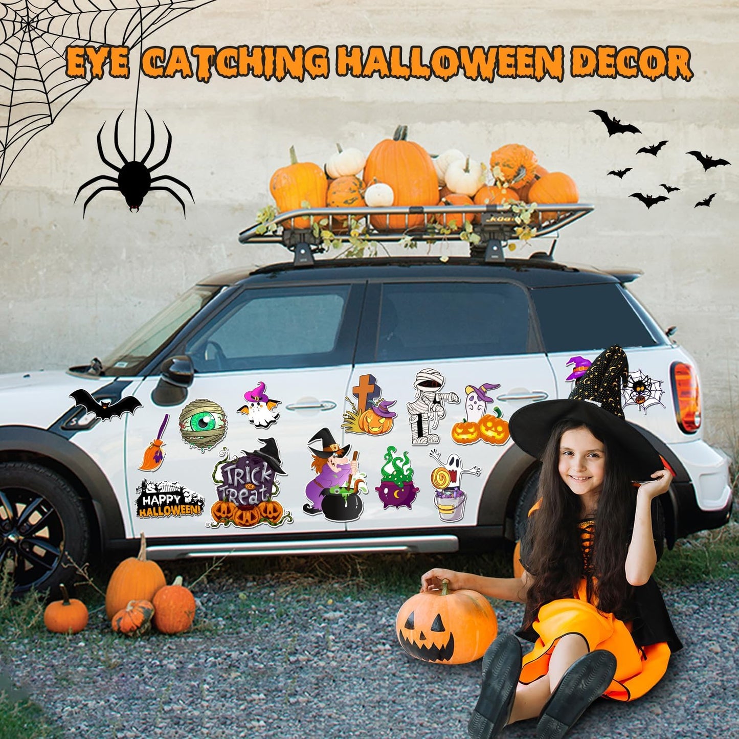 16 Pcs Halloween Reflective Car Magnets, Pumpkin Bat Stickers for Refrigerator, Garage Door Decor