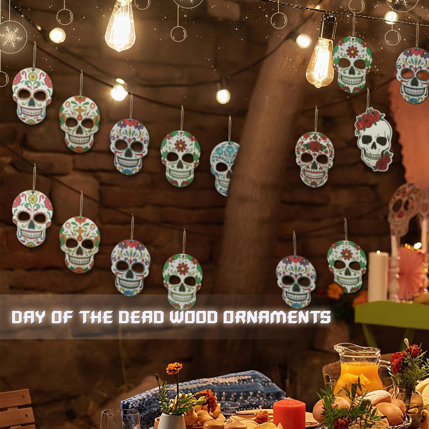 Vercraft 36 Pcs Sugar Skulls Ornaments for Christmas Tree Hanging Decoration Novelty Wood Double-Sided Printing Mexican Christmas Tree Skeleton Head Decor for Holiday Party Favor