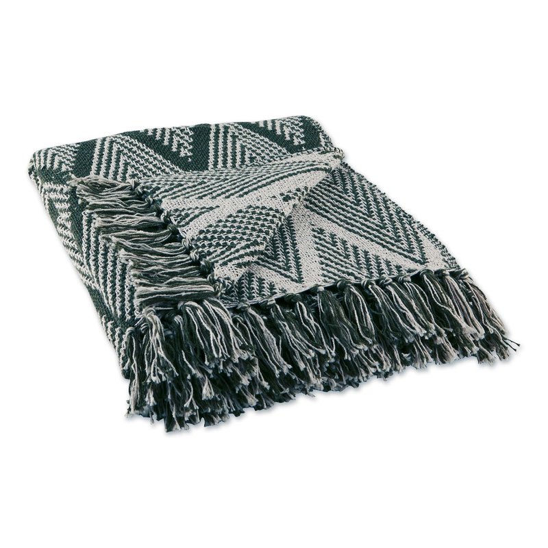 DII Diamond Throw Collection Fringed Woven Cotton Blanket, 50x60, Olive Green