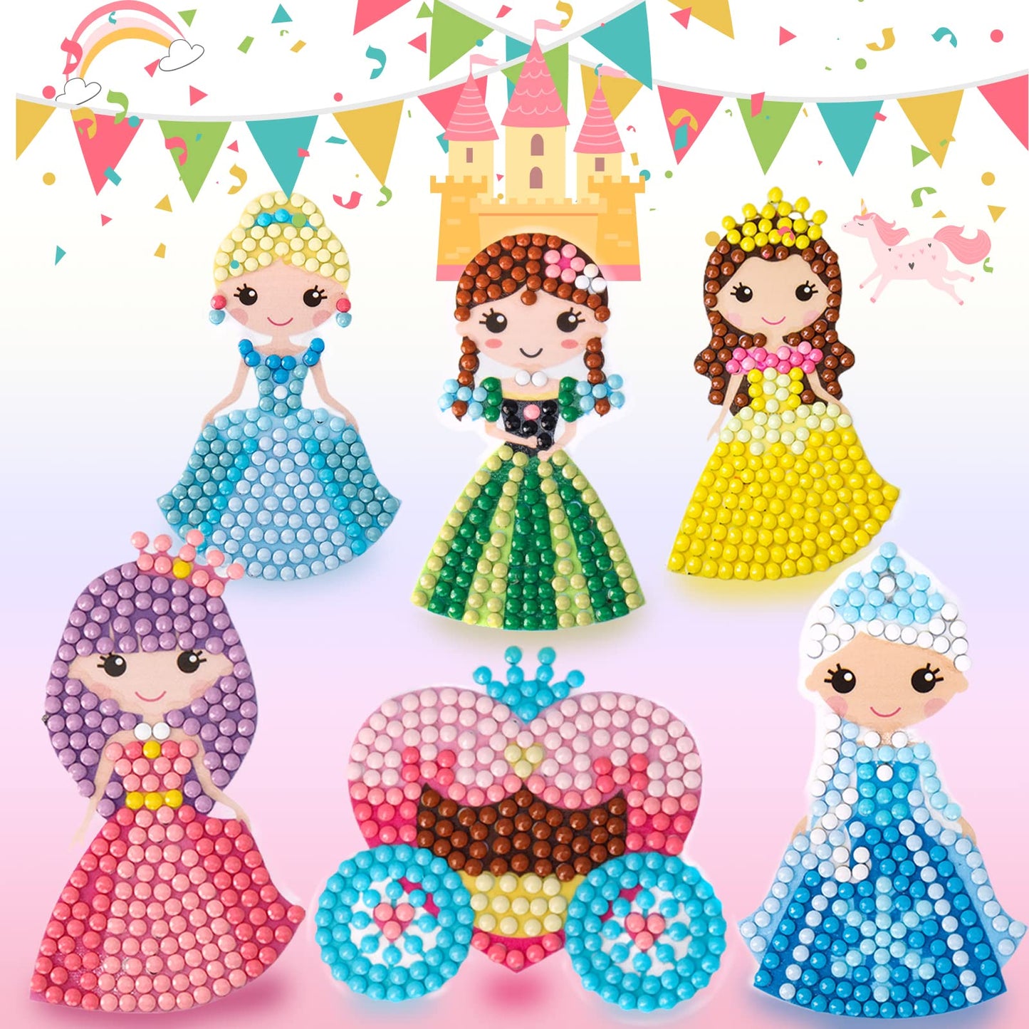 Cymbana Diamond Painting Kits for Kids 18 Pcs Princess and Their Buddy Gem Art Sticker for Kids Ages 6-8 8-12 Contains Unicorn, Mermaid