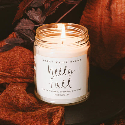 Sweet Water Decor Hello Fall Candle - Cinnamon Apples & Clove Autumn Fall Scented Candle for Home Decor - 100% Cotton Wick Soy Wax Candles with 40 Hour Burn Time - Made in The USA - 9oz Clear Jar