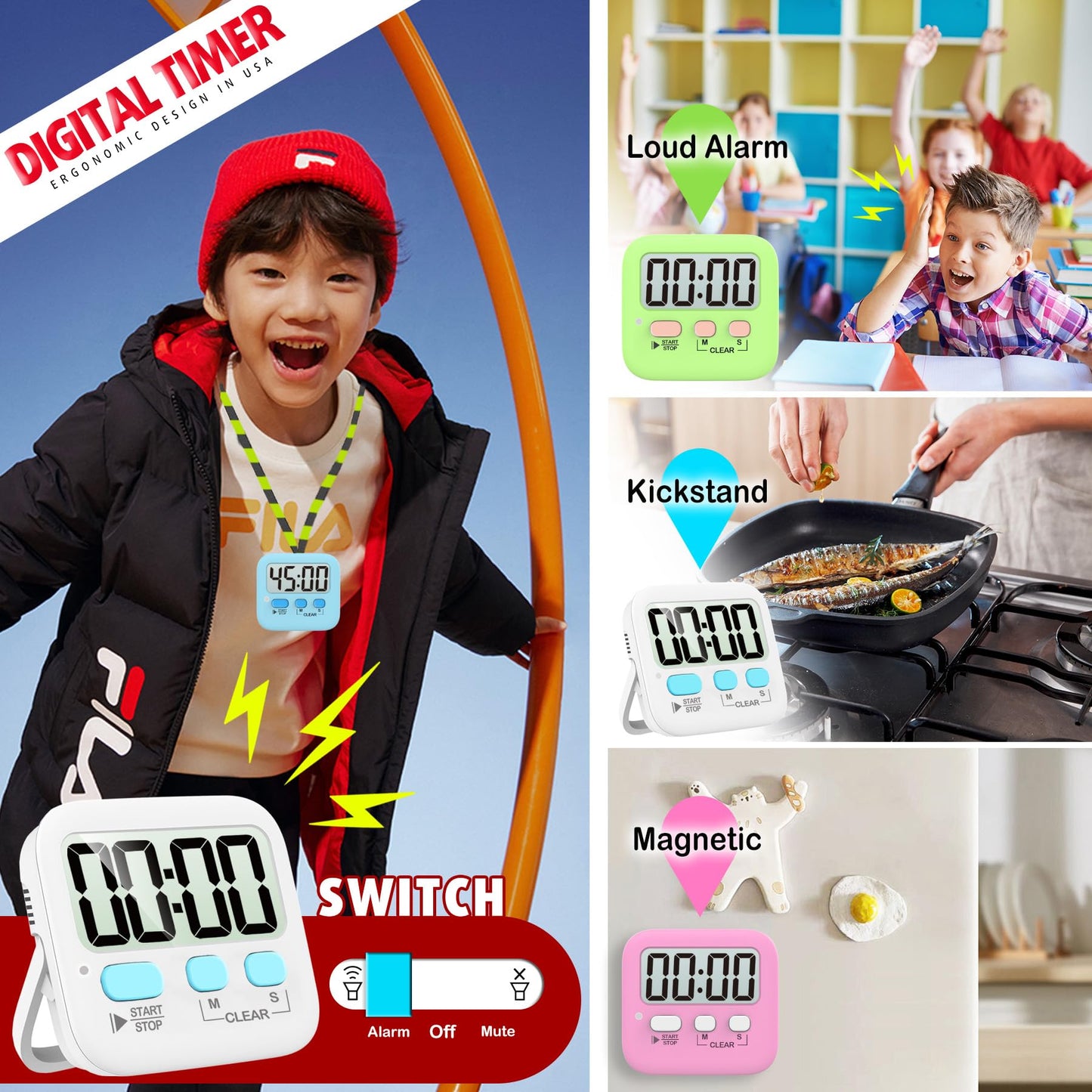 Antonki 2 Pack Digital Timer for Kids, Magnetic Countdown Kitchen Timers for Cooking, Egg, Classroom, Teacher, Exercise, Study, Oven - Battery Included