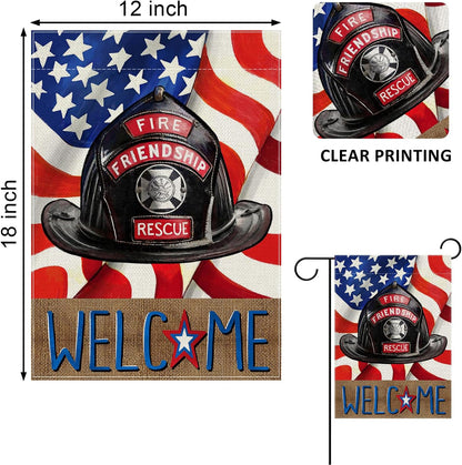 Welcome Firefighters Helmet Garden Flag, Fireman Emergency Rescue Alert Decorations, Double Sided 12x18 Outdoor Decor