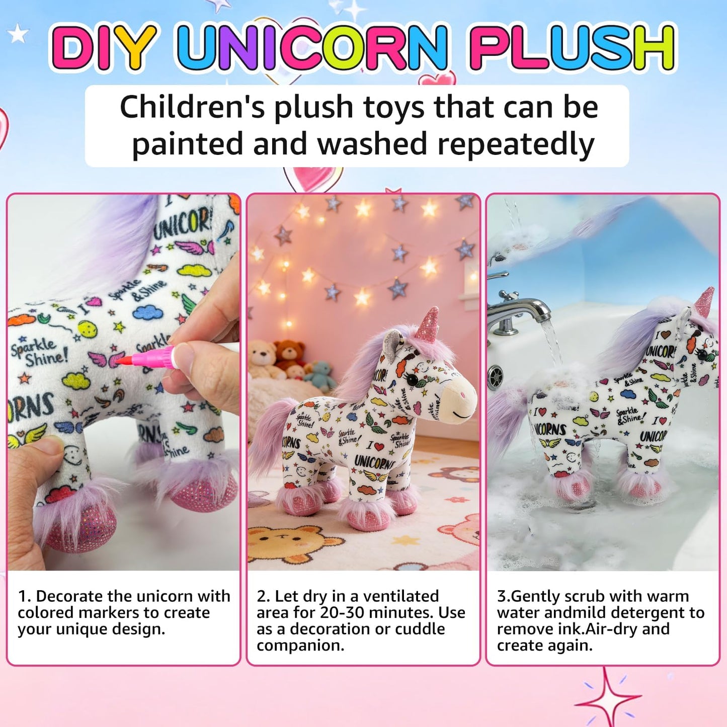 DIY Unicorn Plush – Paint Your Own Unicorn Doll w/ 12 Markers, Washable & Repaintable, Arts & Crafts Kit for Kids Ages 6+, Fabric Painting Supplies, Art Activities for Girls & Boys, Birthday Gift Idea