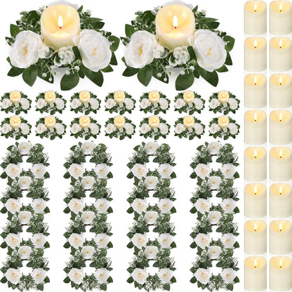 Yunlly 16 Set Rose Candle Rings Wreaths 3 Inch Center with Flameless LED Candles Artificial Rose Light Garland Fake Electric Votive Tealights Bulk Funeral Wedding Table Centerpieces Decor(White)