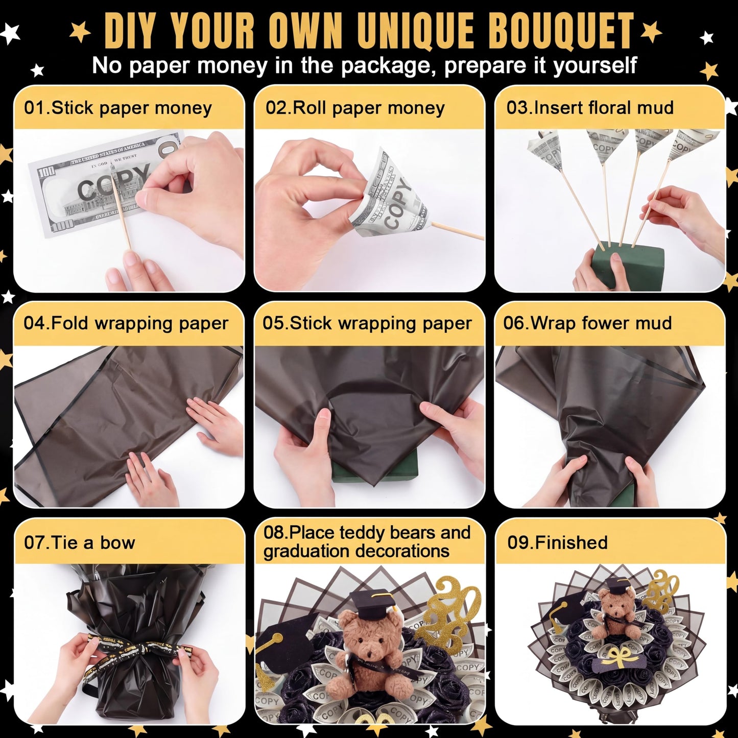 Chunful 143 Pcs Graduation Money Bouquet Kit DIY Flower Bouquet Gifts with Cute Bear Wrapping Paper Graduation Cap Class of 2026 Grad DIY Craft Set for College Middle High School Graduate Party Gift