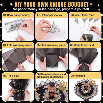 Chunful 143 Pcs Graduation Money Bouquet Kit DIY Flower Bouquet Gifts with Cute Bear Wrapping Paper Graduation Cap Class of 2026 Grad DIY Craft Set for College Middle High School Graduate Party Gift
