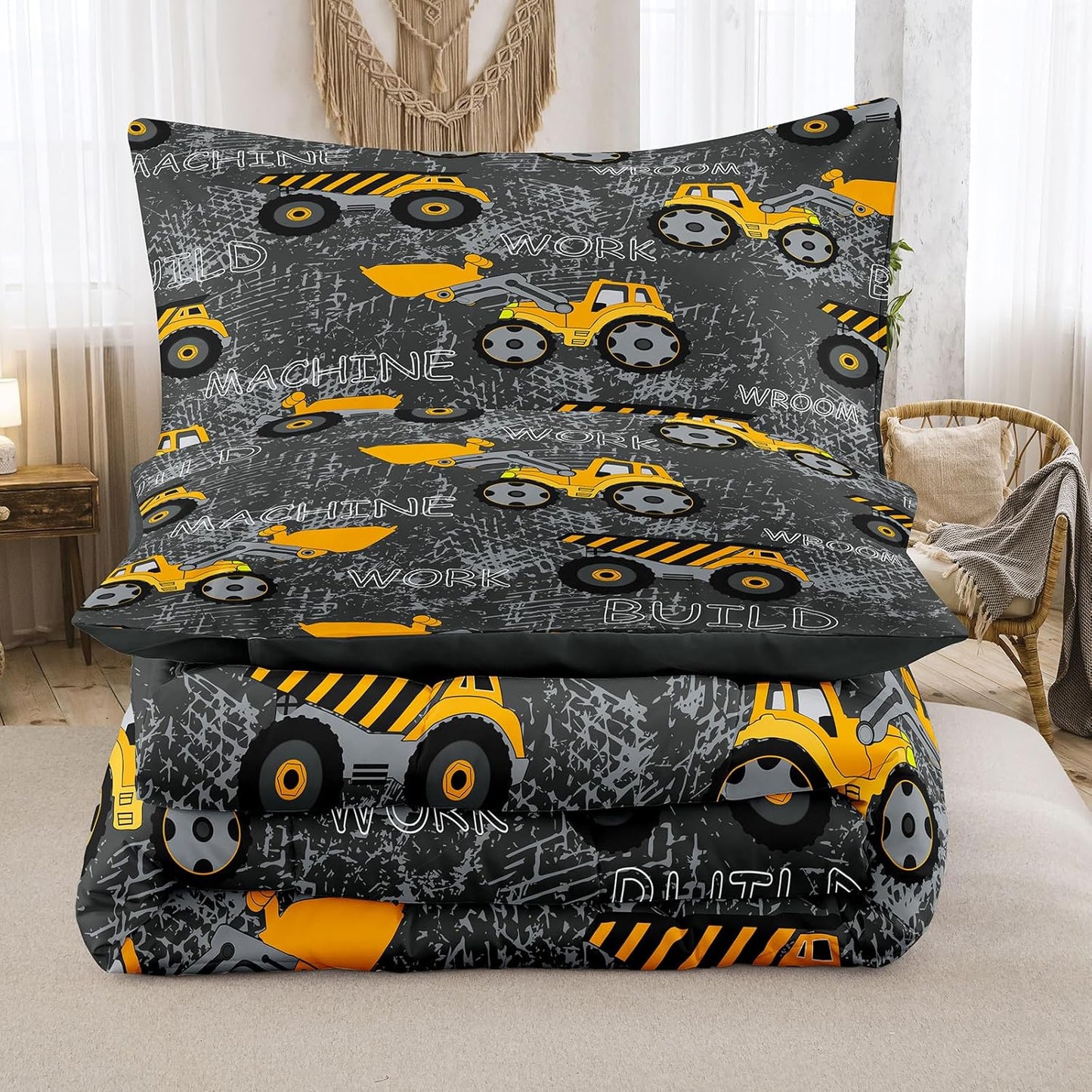 6 Set Set, Bag(1 1 1 2 1 Piece Construction Comforter Full, Truck Cars Excavator Tractor Dark Grey Bedding Soft