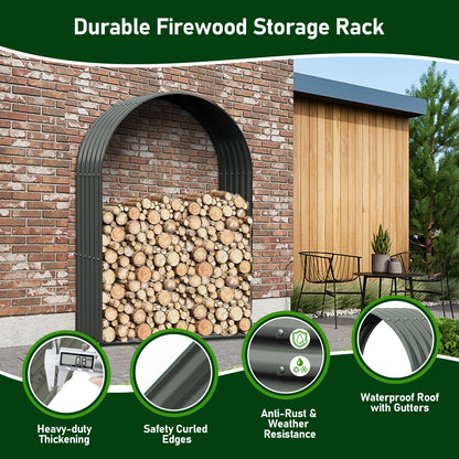 A ANLEOLIFE 2-Set Galvanized Steel Firewood Storage Rack with Weatherproof Corrugated Roof, Heavy Duty Outdoor Log Holder for Patio Porch Fire Pit, Arch Gray
