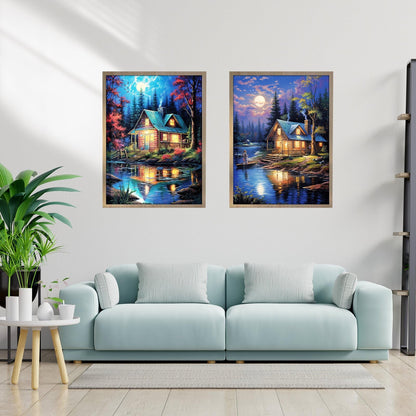YOYA 2 Pack Log Cabin Diamond Painting Kits for Adults, Lake Cabin 5D Diamond Art Kits for Adults, DIY Scenery House Full Drill Gem Art Painting Kit for Home Wall Decor 12 x 16 Inch