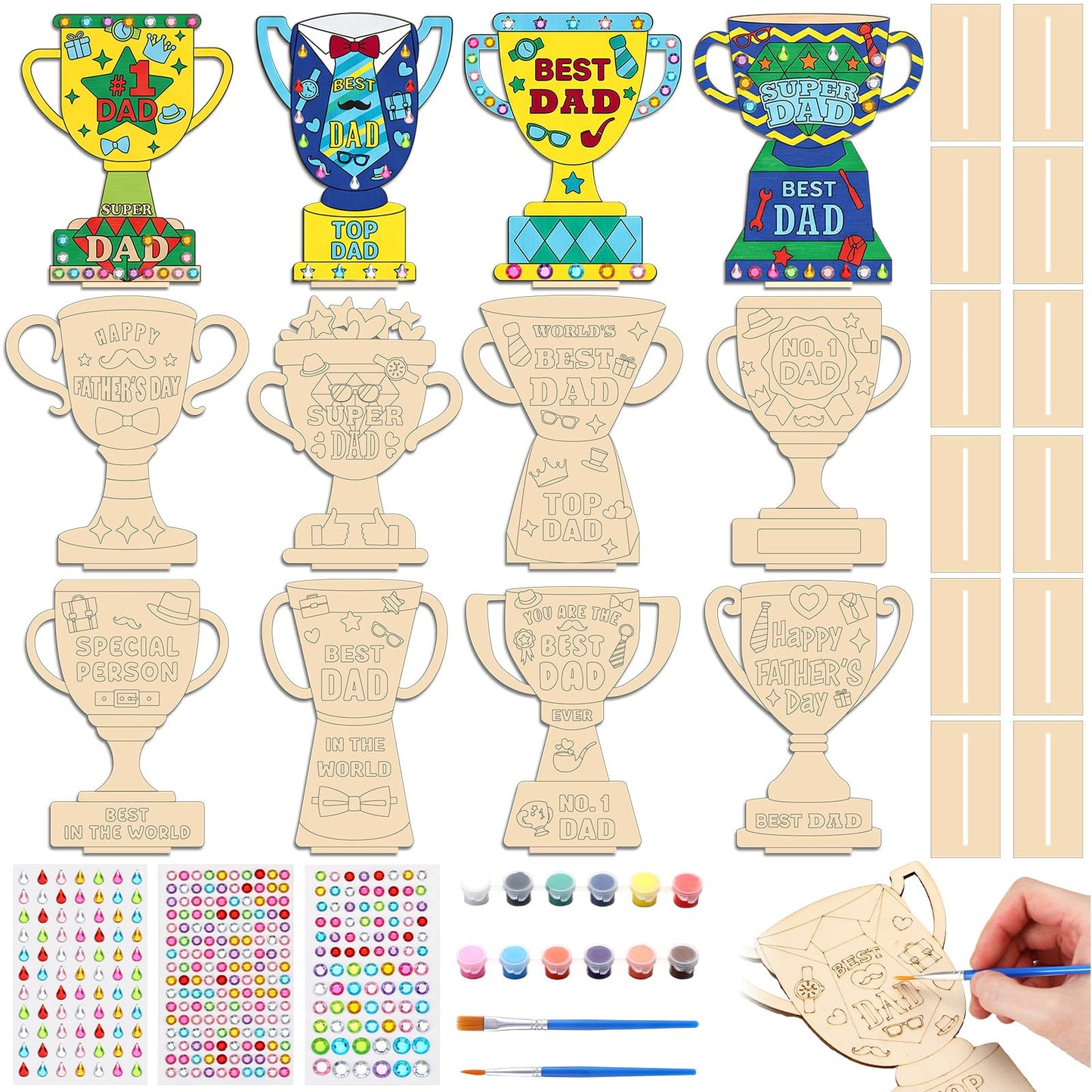 Eaasty 12 Set Father's Day Wooden Trophy Craft Kit 12 Unique Trophy Designs with Acrylic Rhinestone Stickers Paint and Brushes DIY Gifts for Fathers Grandpas Family Classroom Activity Crafts Supplies