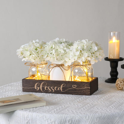 FancyPlus Farmhouse Mason Jar Table Centerpiece with White Hydrangea Flowers, Lighted Artificial Floral Arrangement with Wood Tray, Rustic Table Decor for Kitchen Coffee Table Living Room Home