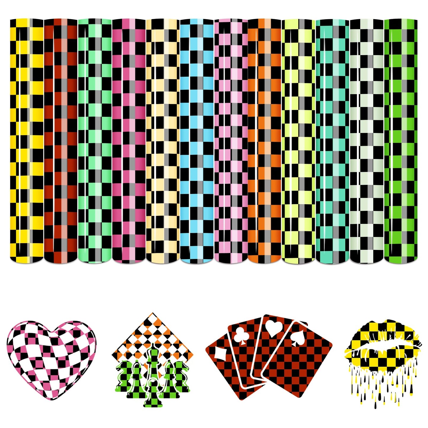 Tintnut Checkerboard Heat Transfer Vinyl, 12 Sheets 12"x10" Black Base Check Patterned HTV Iron on Vinyl for DIY T-Shirts, Apparel & Crafts