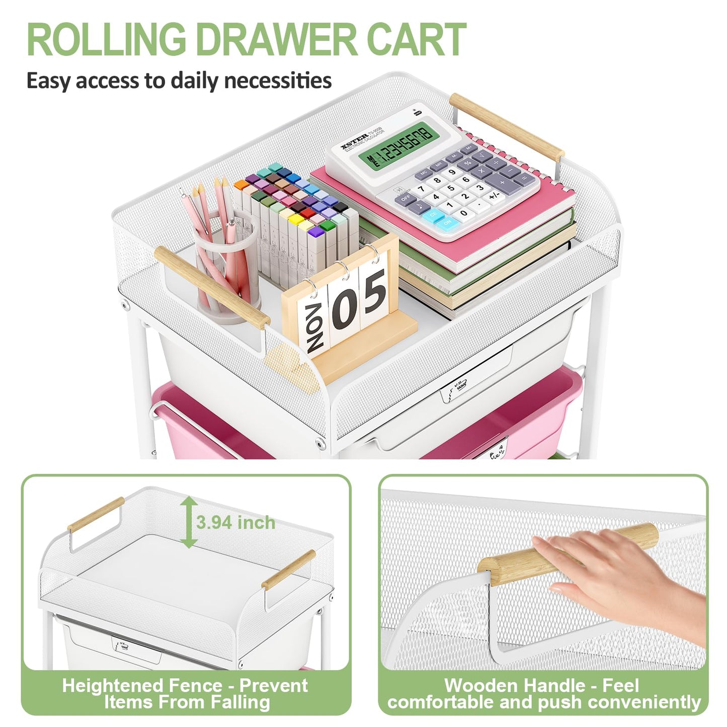 SYKIARIOL Rolling Cart with 4 Drawers,4 Tiers Rolling Utility Cart Craft Cart,Rolling Storage Drawer Cart with Mesh Top,Storage Cart with Drawers & 4 PCS DIY Lable, Classic Colorful