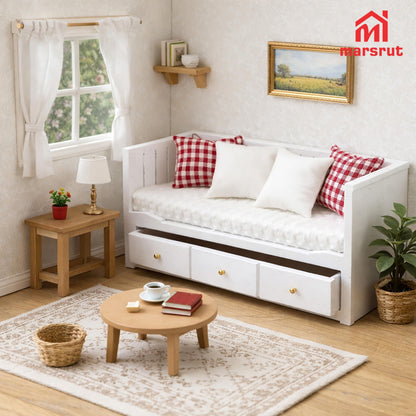 Miniature Dollhouse Daybed, 1/12 Scale Couch, Upholstered Wooden Fabric Sofa with Pillows, Mini Loveseat Sofa Furniture Set for 6 Inch Dolls, Modern Living Room Realistic Model DecorationAccessories