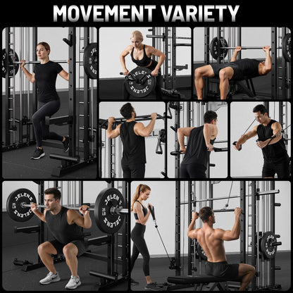 JELENS Smith Machine for Home Gym, Multi-Function M12 Power Cage with Cable Crossover System, Squat Rack with Smith Bar and More Attachment (Black, 370LB Black Weights Package)