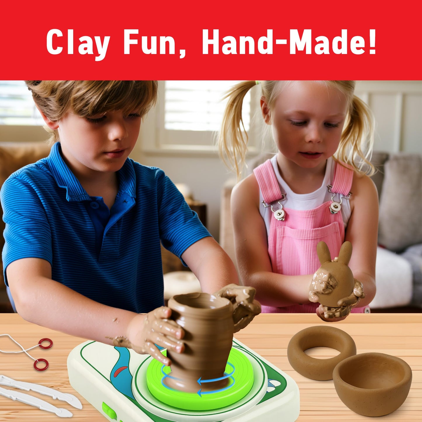 ROHSCE Pottery Wheel for Kids, Dinosaur Theme Pottery Studio Kit, Arts and Crafts for Boys and Girls Ages 5-12, Creative Holiday Gift with Non-Toxic Clay