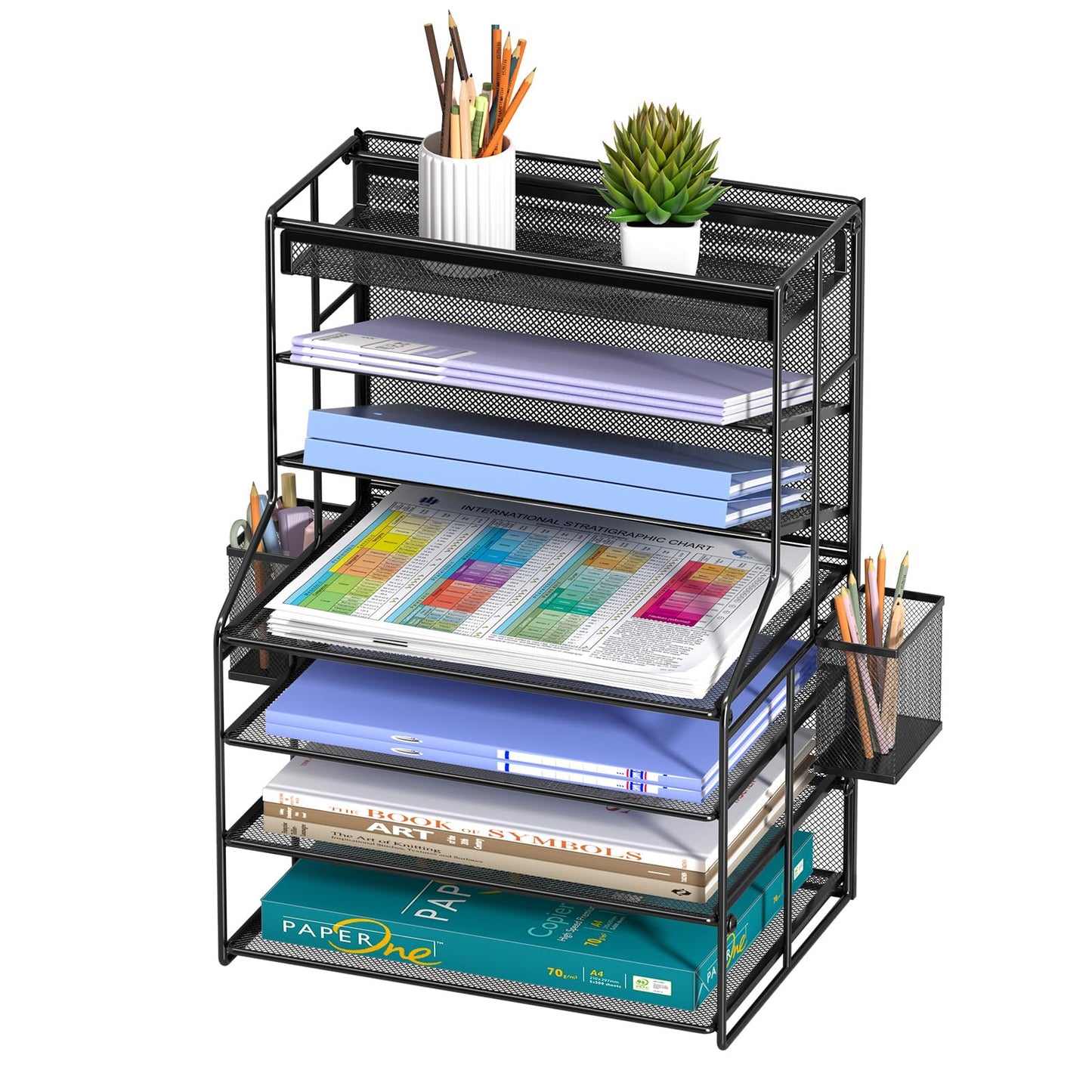 handimp Black 7 Tier Desk File Organizer, Metal Letter Tray Paper Organizer with Pen Holder and Metal Hanging Basket, Vertical Desktop File Holder for Home Office Organization